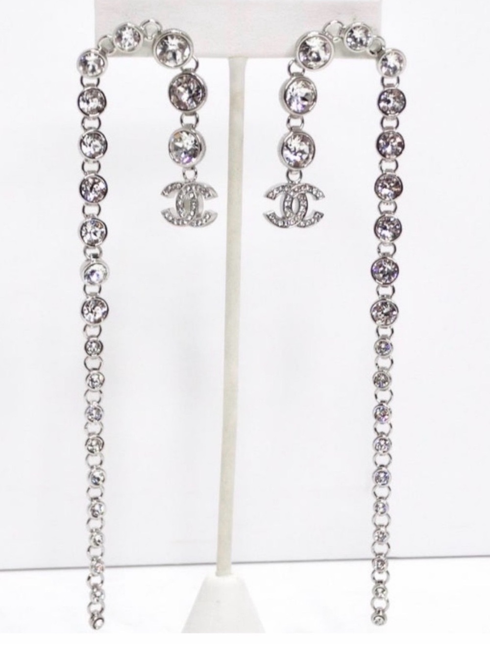 Double C Silver Crystal Dangle Earrings For Pieced Ears